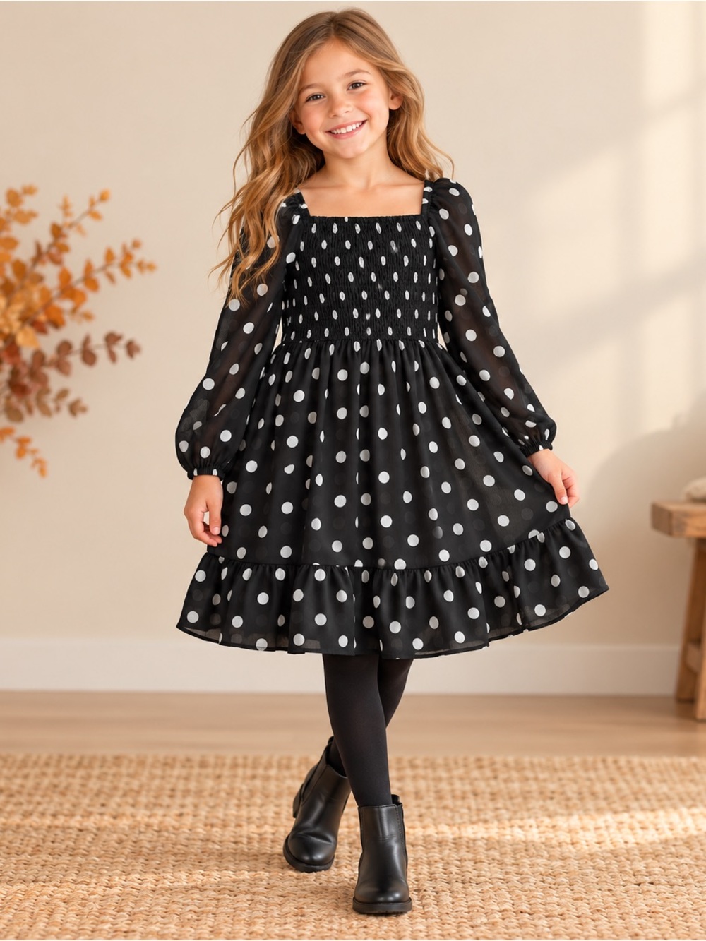 Art Class Girls Black Polka Dot Smocked Dress Size M 8 Long Sleeve